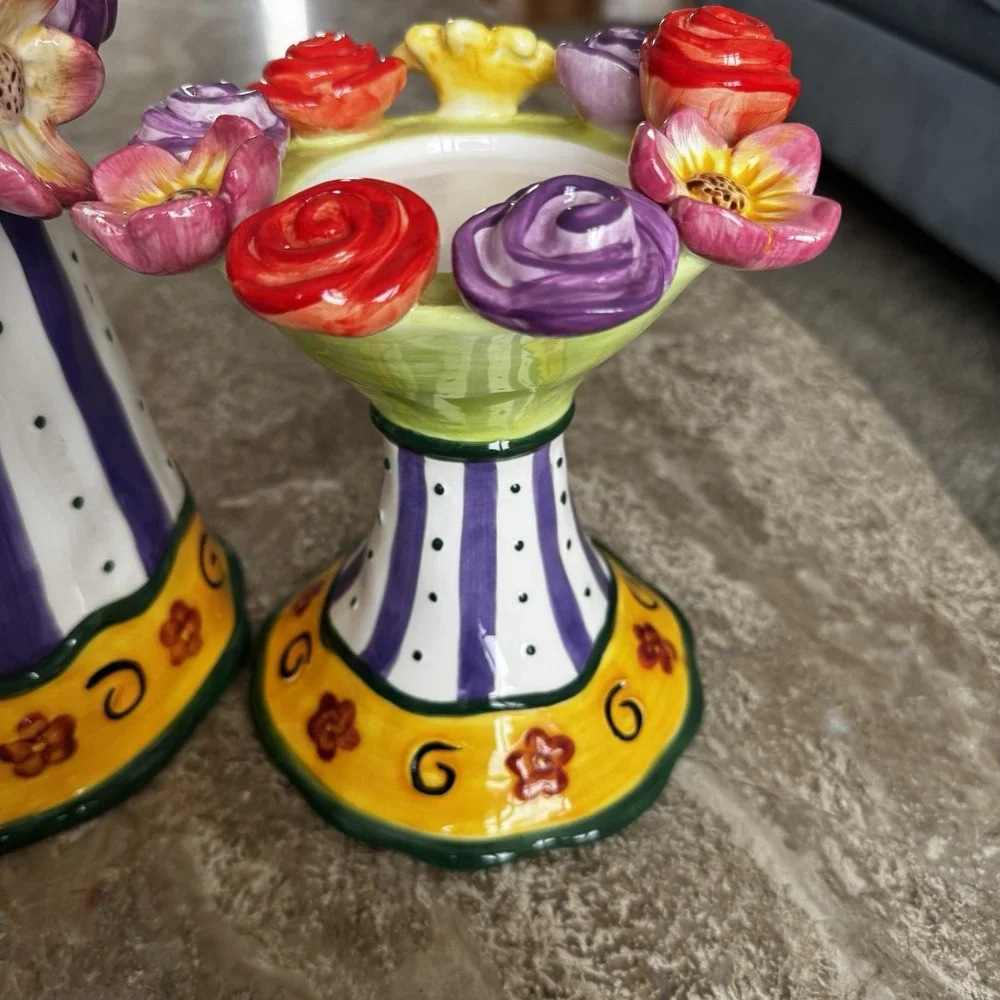 Ceramic Glazed Pottery Pitcher And Candle Or Cupcake Holder Roses Flowers Wow!
