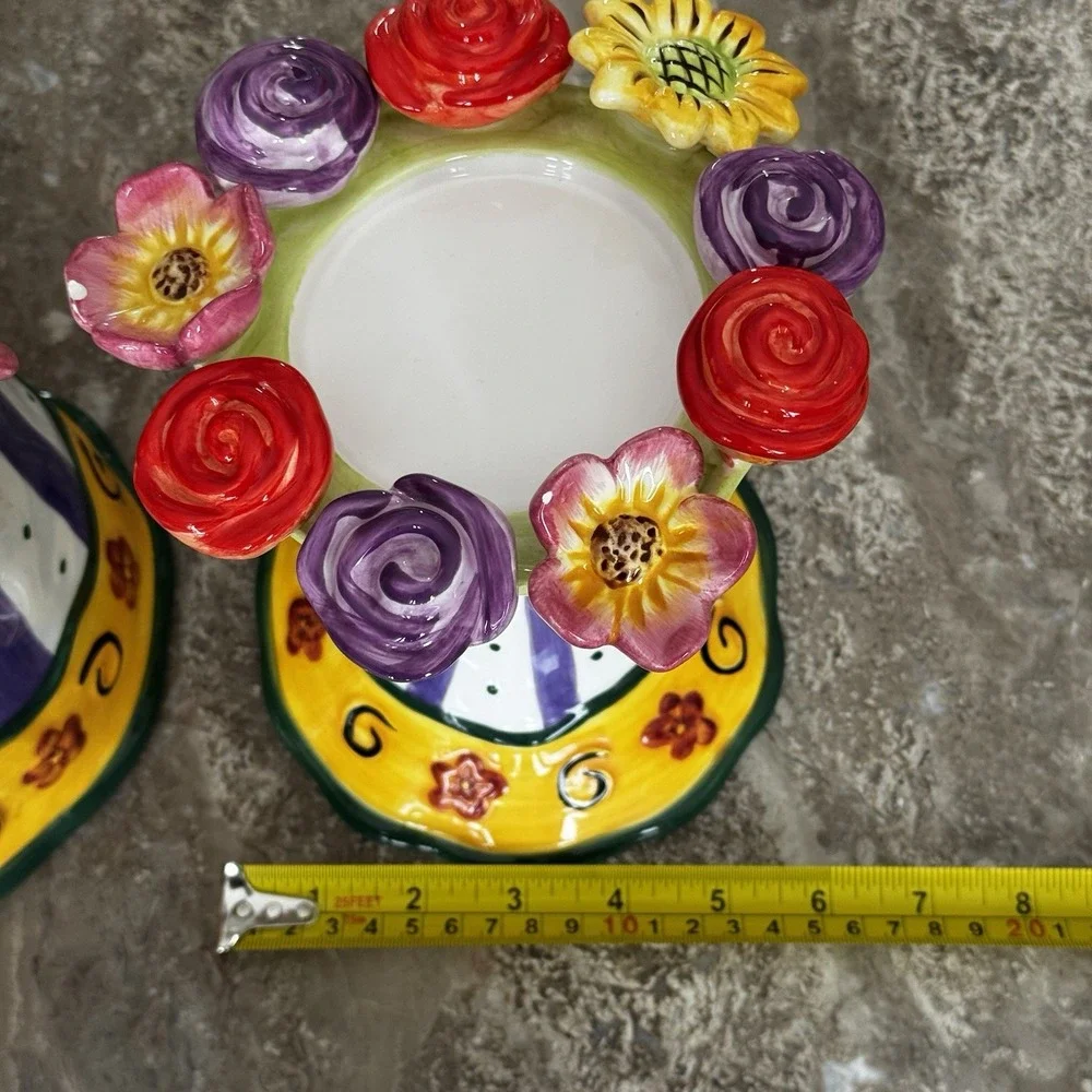Ceramic Glazed Pottery Pitcher And Candle Or Cupcake Holder Roses Flowers Wow!