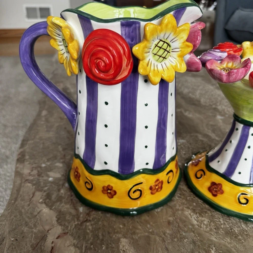 Ceramic Glazed Pottery Pitcher And Candle Or Cupcake Holder Roses Flowers Wow!