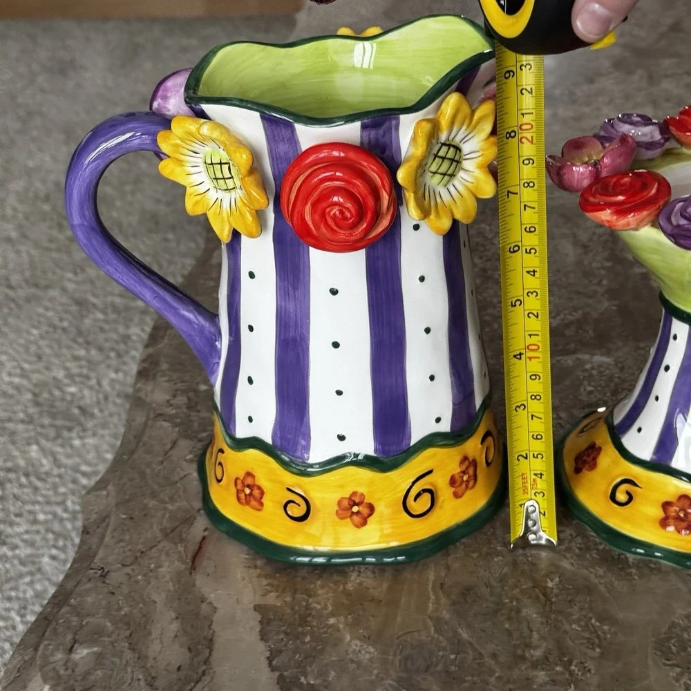 Ceramic Glazed Pottery Pitcher And Candle Or Cupcake Holder Roses Flowers Wow!