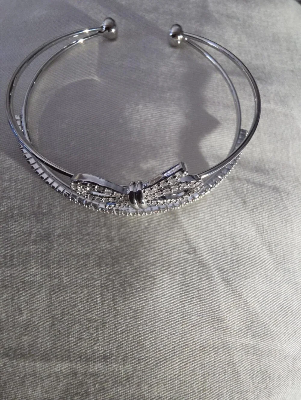 IMA Collection Silver Bow Open Cuff Bracelet | Crystal Accent Bangle | Elegant A