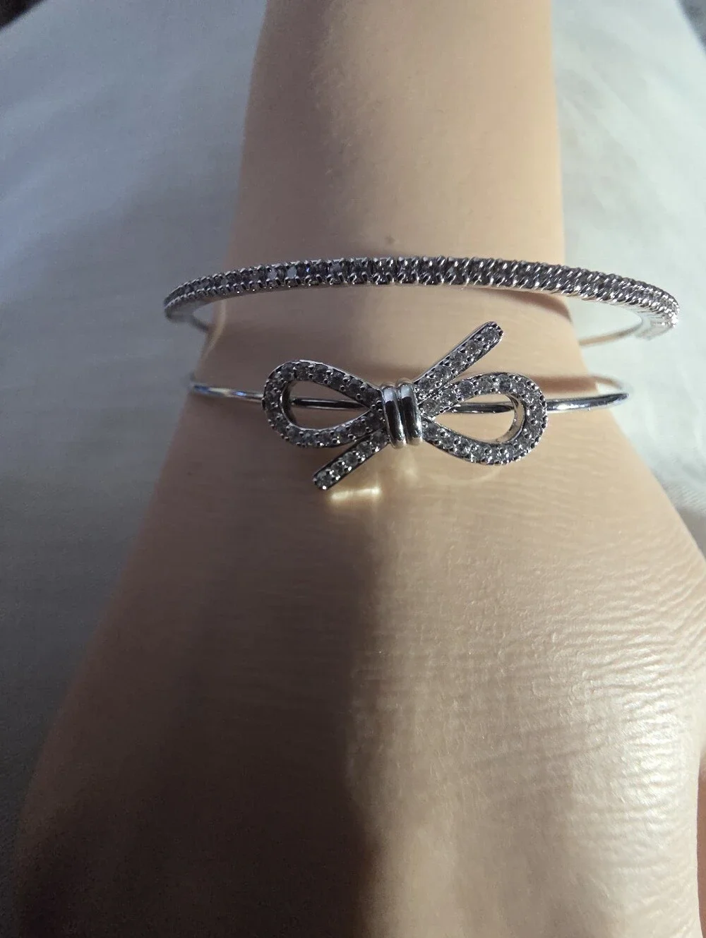IMA Collection Silver Bow Open Cuff Bracelet | Crystal Accent Bangle | Elegant A