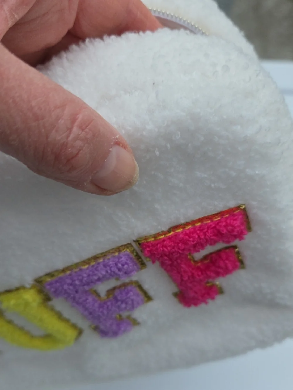 Sherpa Plush 'STUFF' Pouch in Multicolor Letters Cosmetic Bag