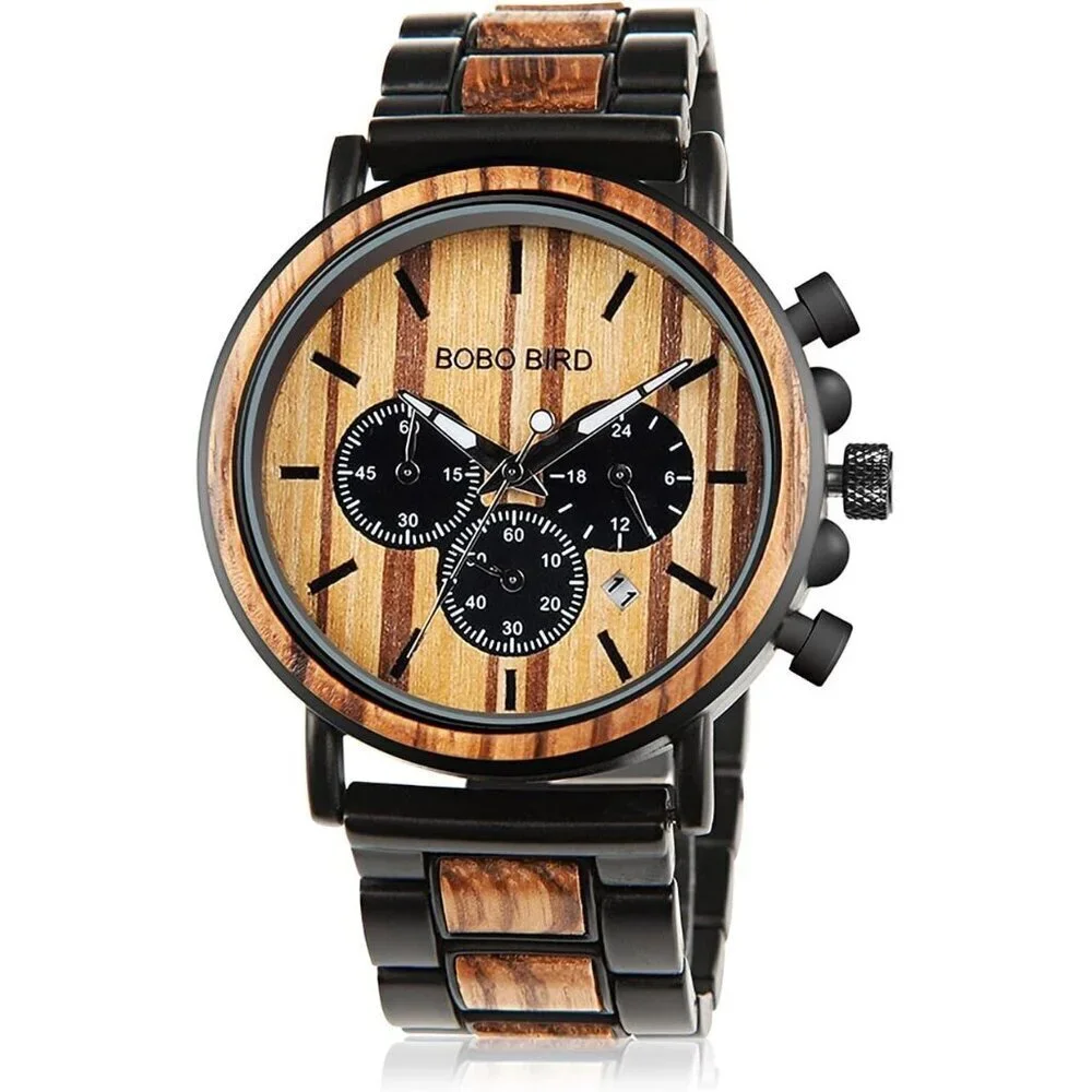 Men's Black Wood Stainless Steel Combined Chronograph Military Quartz Watches
