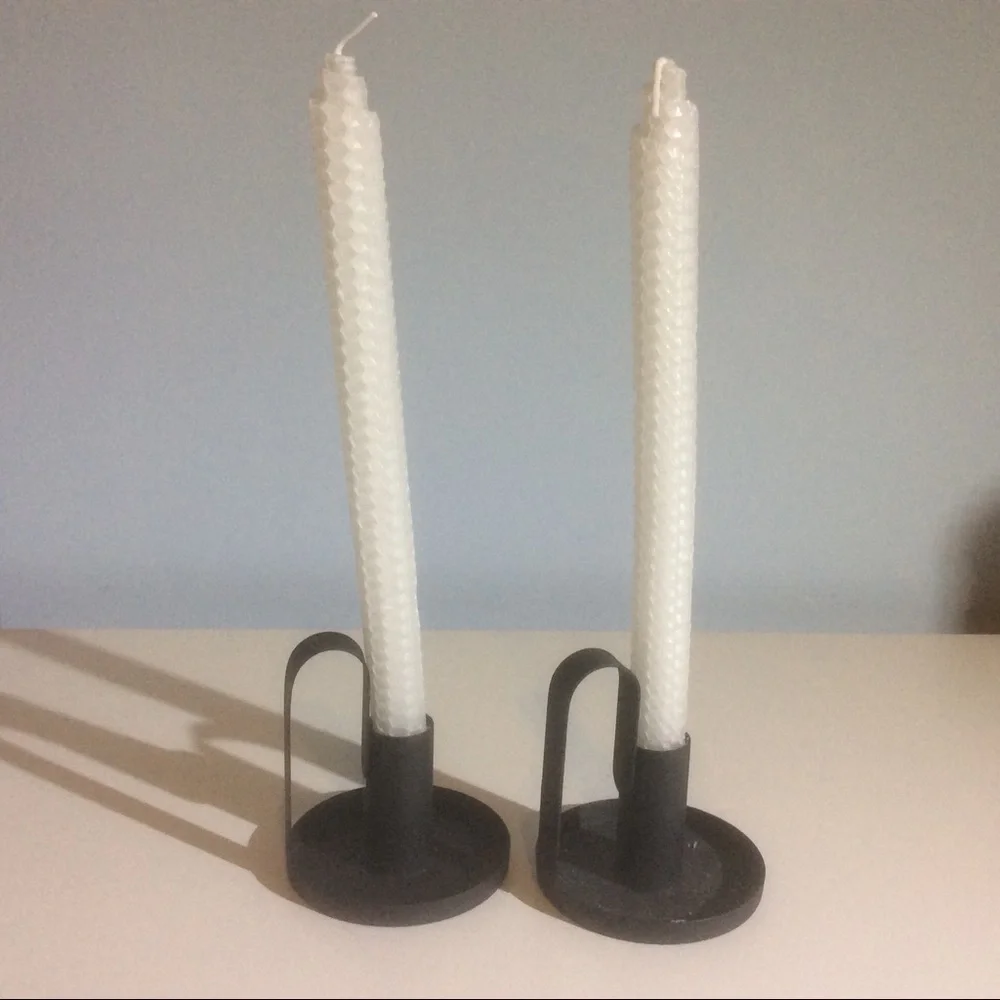2 Black Metal Taper Holders + White Tall Candles