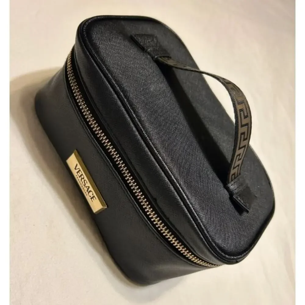 VERSACE Fragrances Black Travel Vanity TOILETRY Case Gold Greca Makeup BAG