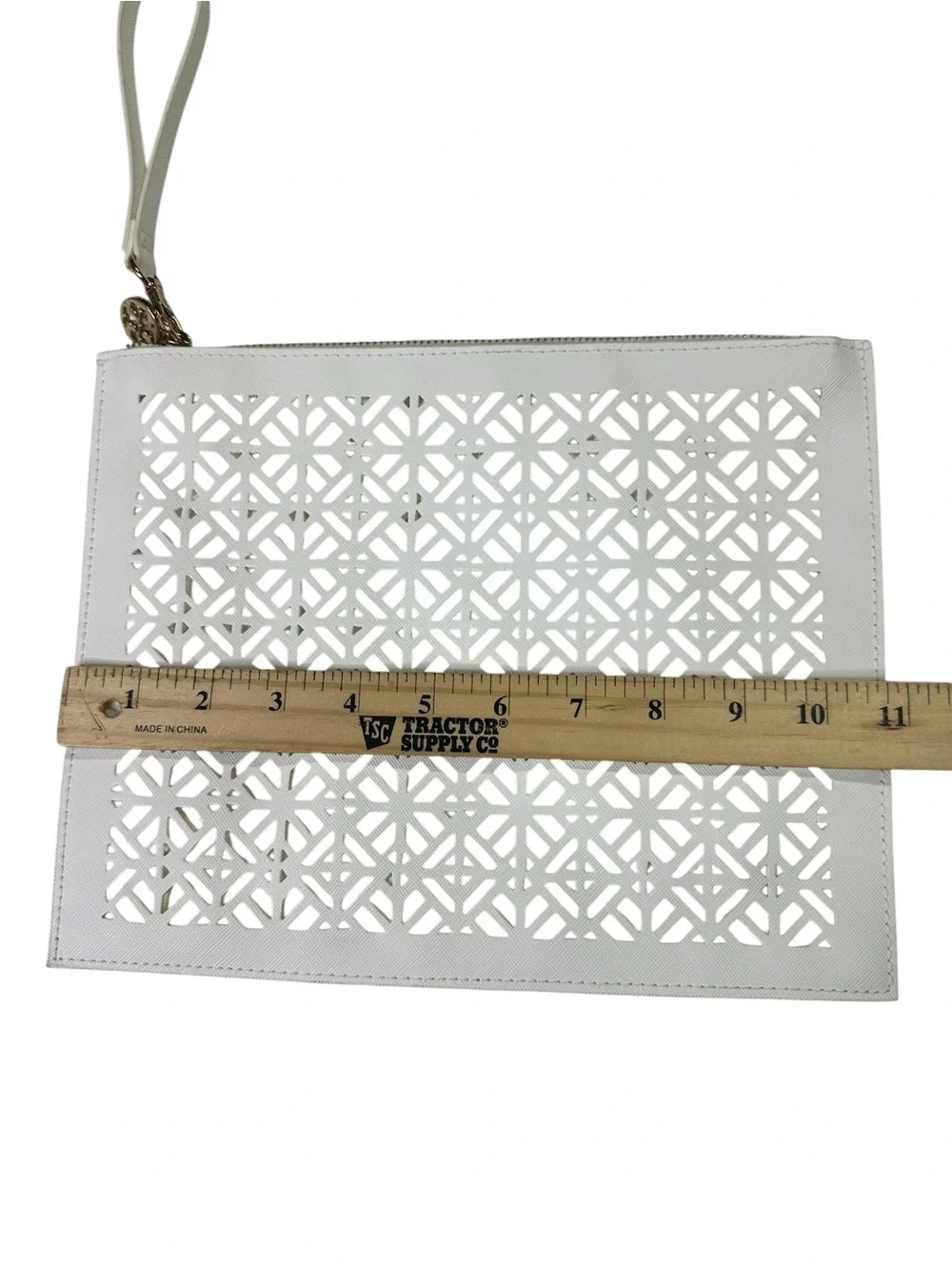 Tory Burch White Laser-Cut Geometric Wristlet Clutch Pouch Gold Hardware