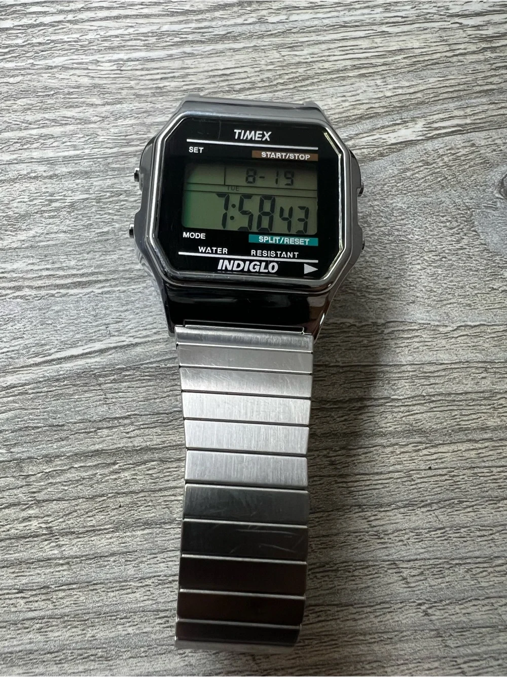 Timex Silver Digital Indiglo Watch with Green Display