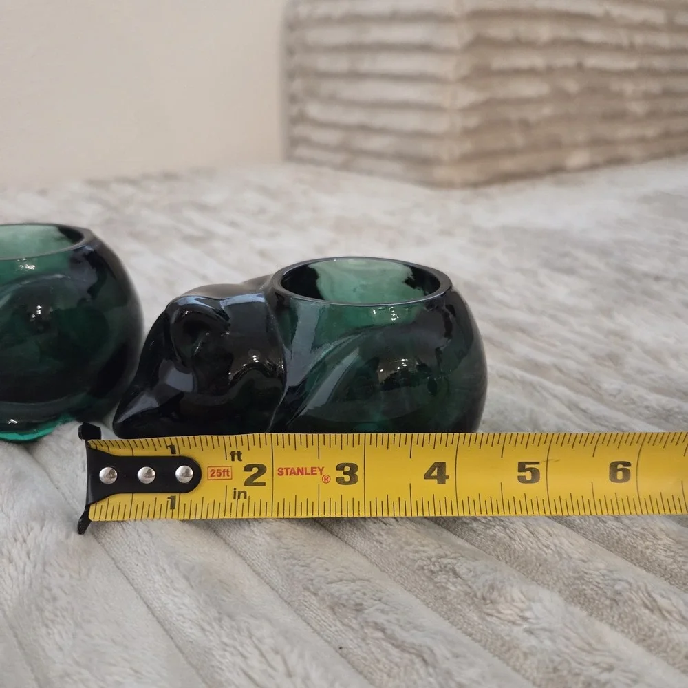 Lot of 2 Vintage Indiana Glass Emerald Green Sleeping Cat Votive Candle