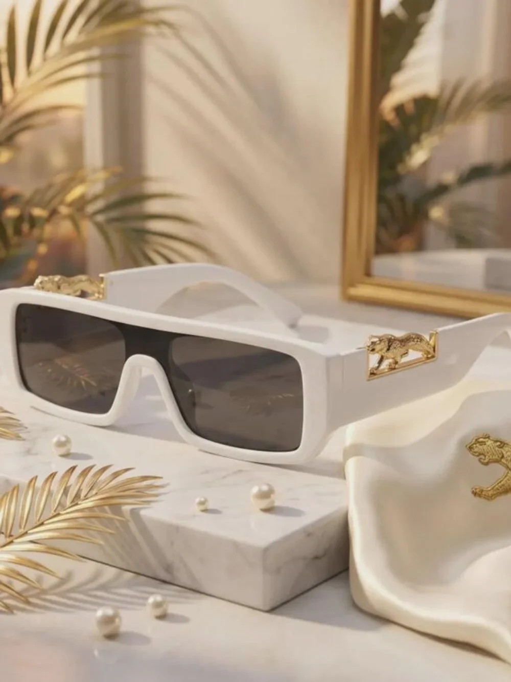 White Leopard Accent Sunglasses - Gold Jaguar Temple Shades