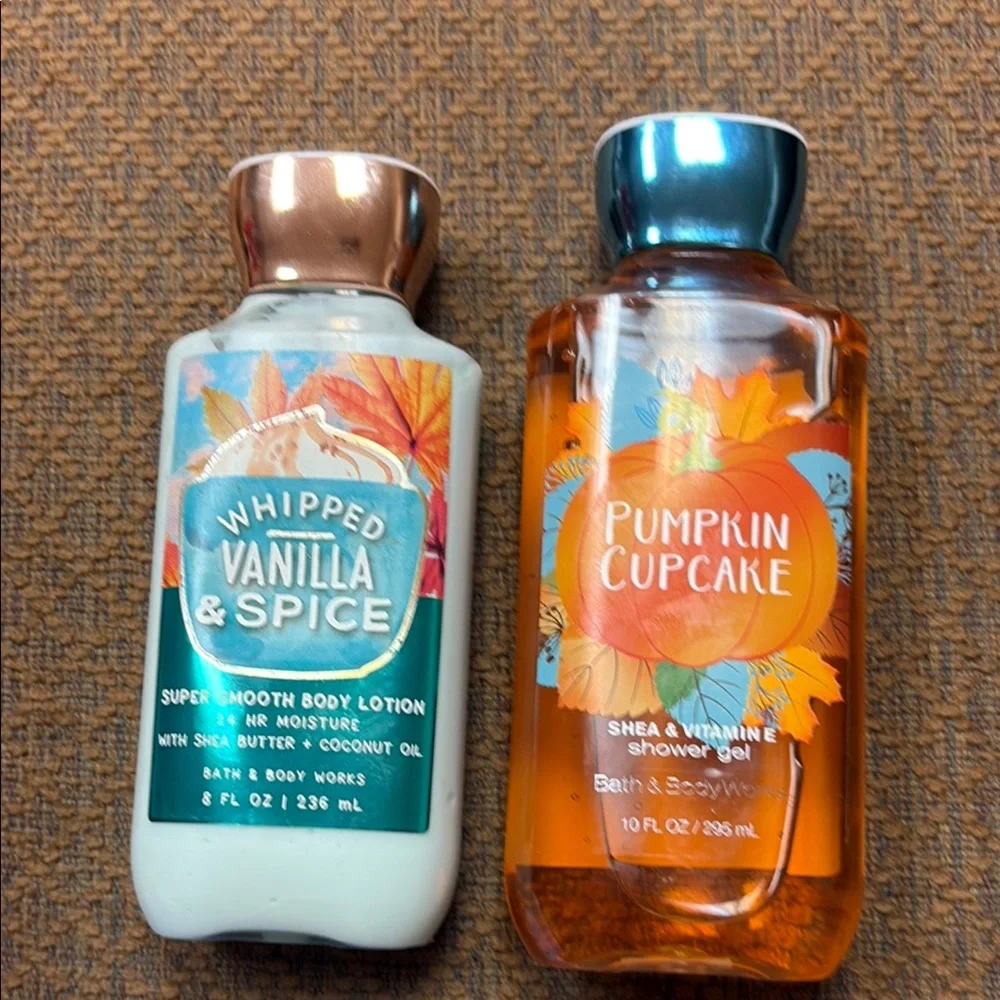 Bath and body whipped vanilla and spice lotion and pumpkin cupcake shower gel