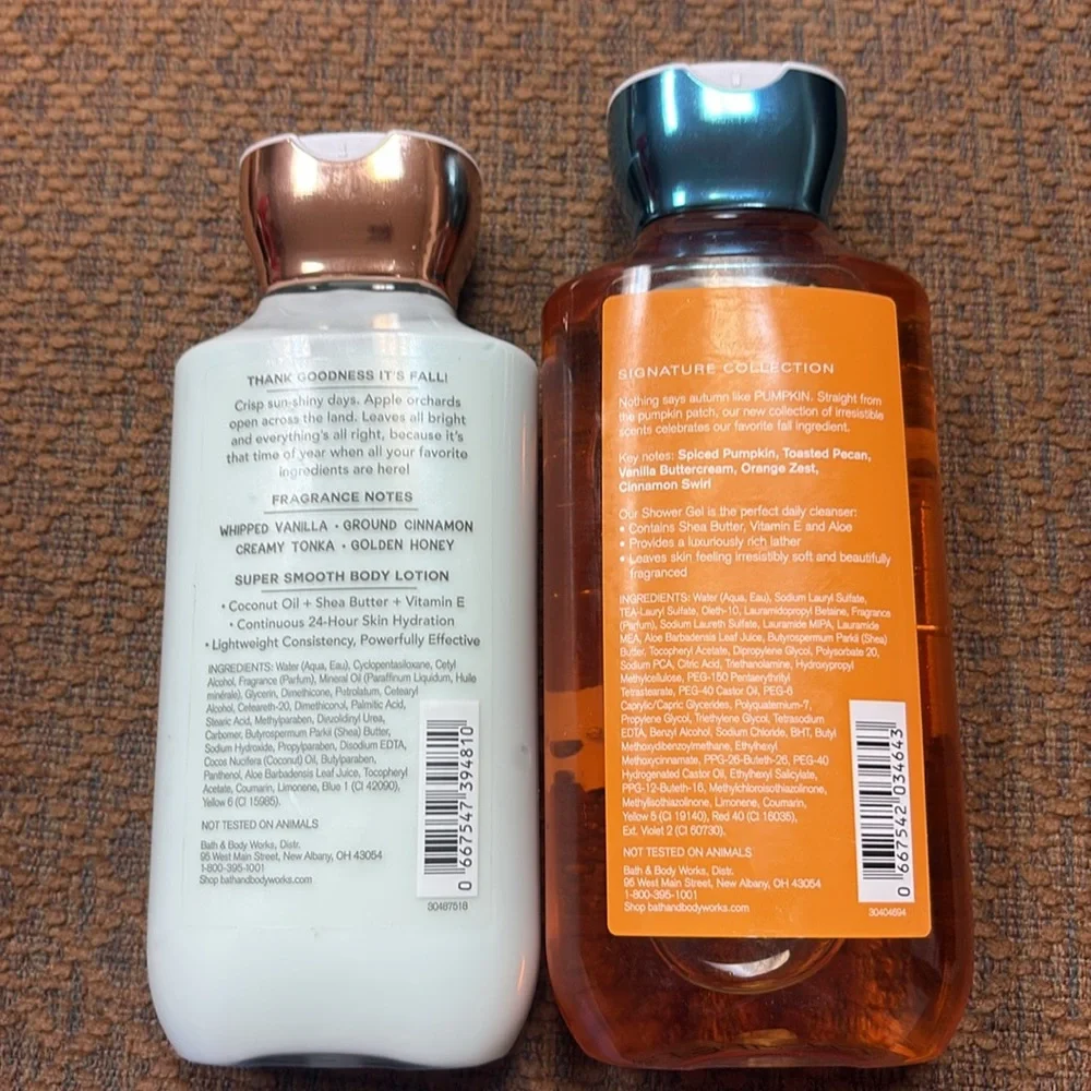 Bath and body whipped vanilla and spice lotion and pumpkin cupcake shower gel