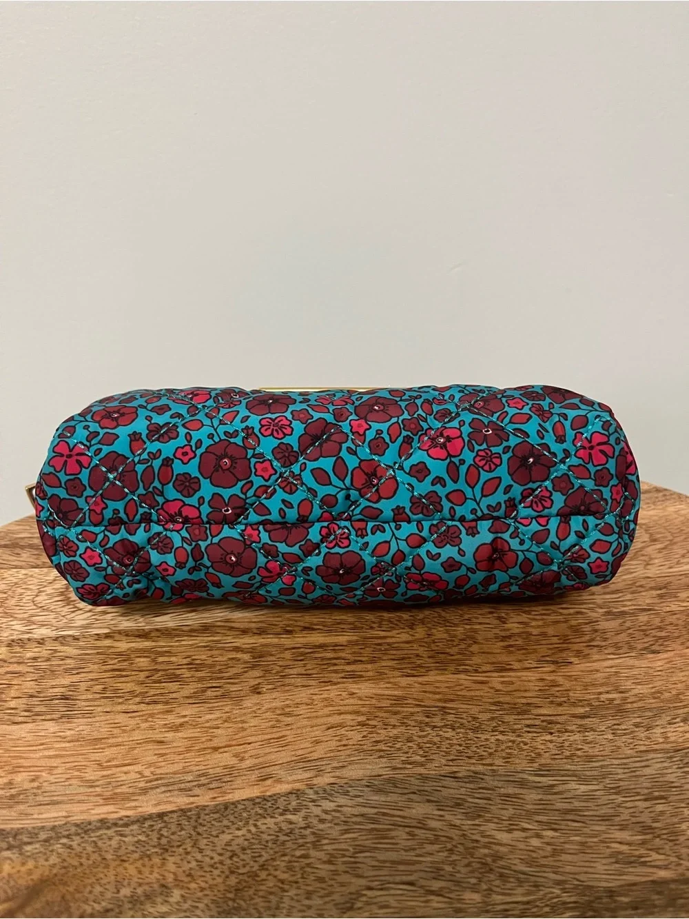 Marc Jacobs New York Teal & Magenta Floral Pattern Diamond Quilted Cosmetics Bag