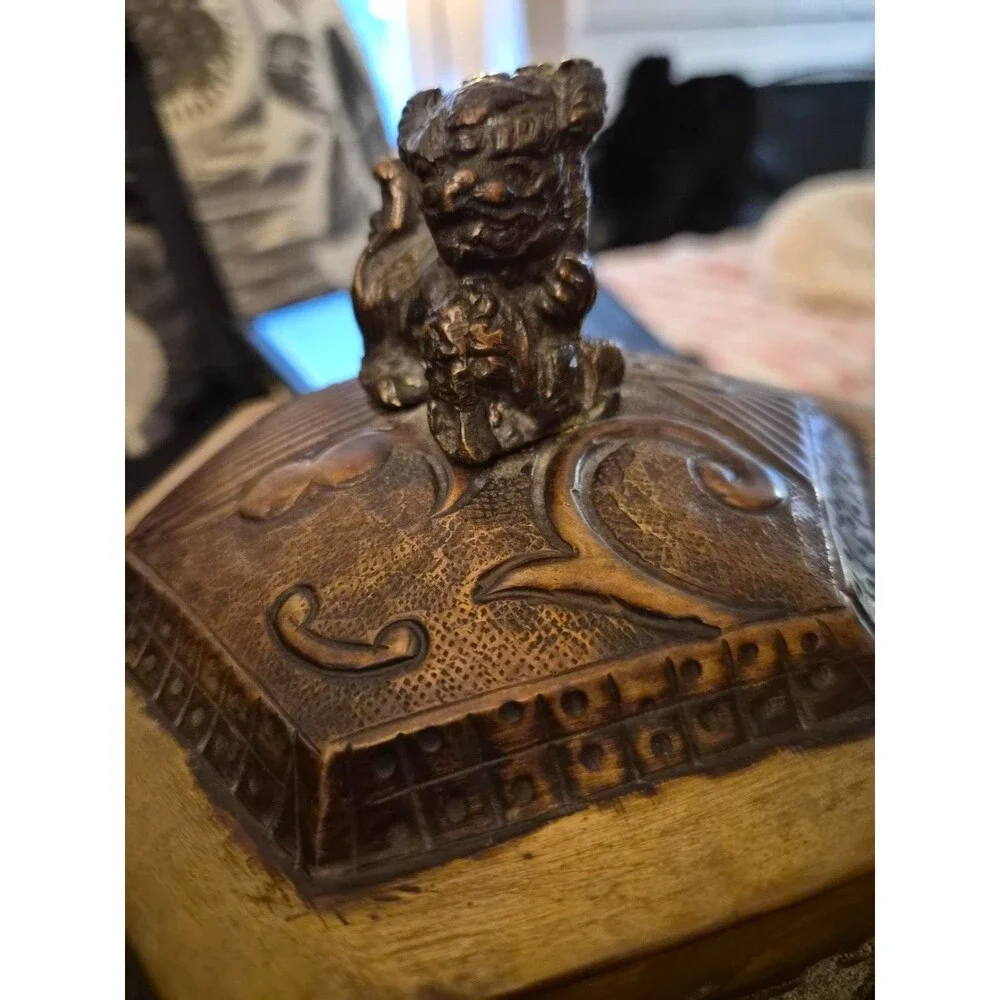 Vintage Foo Dog Finial Asian Brass Tone Tea Caddy Trinket Box 11