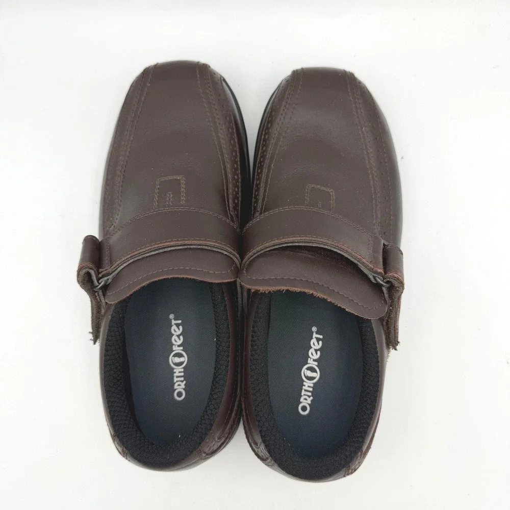 Orthofeet Mens Brown Leather Hook and Loop Strap‎ Loafers Orthotic Shoes