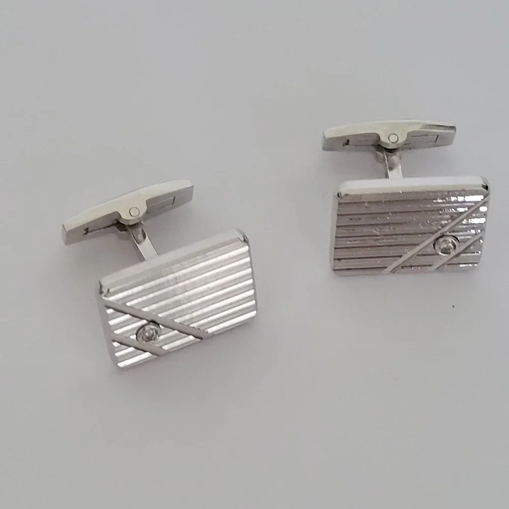 Vintage Sterling Silver Etched Rectangular Cufflinks with Clear‎ Stone Accents