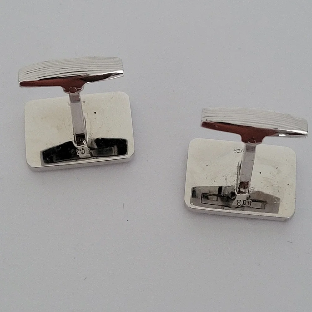 Vintage Sterling Silver Etched Rectangular Cufflinks with Clear‎ Stone Accents