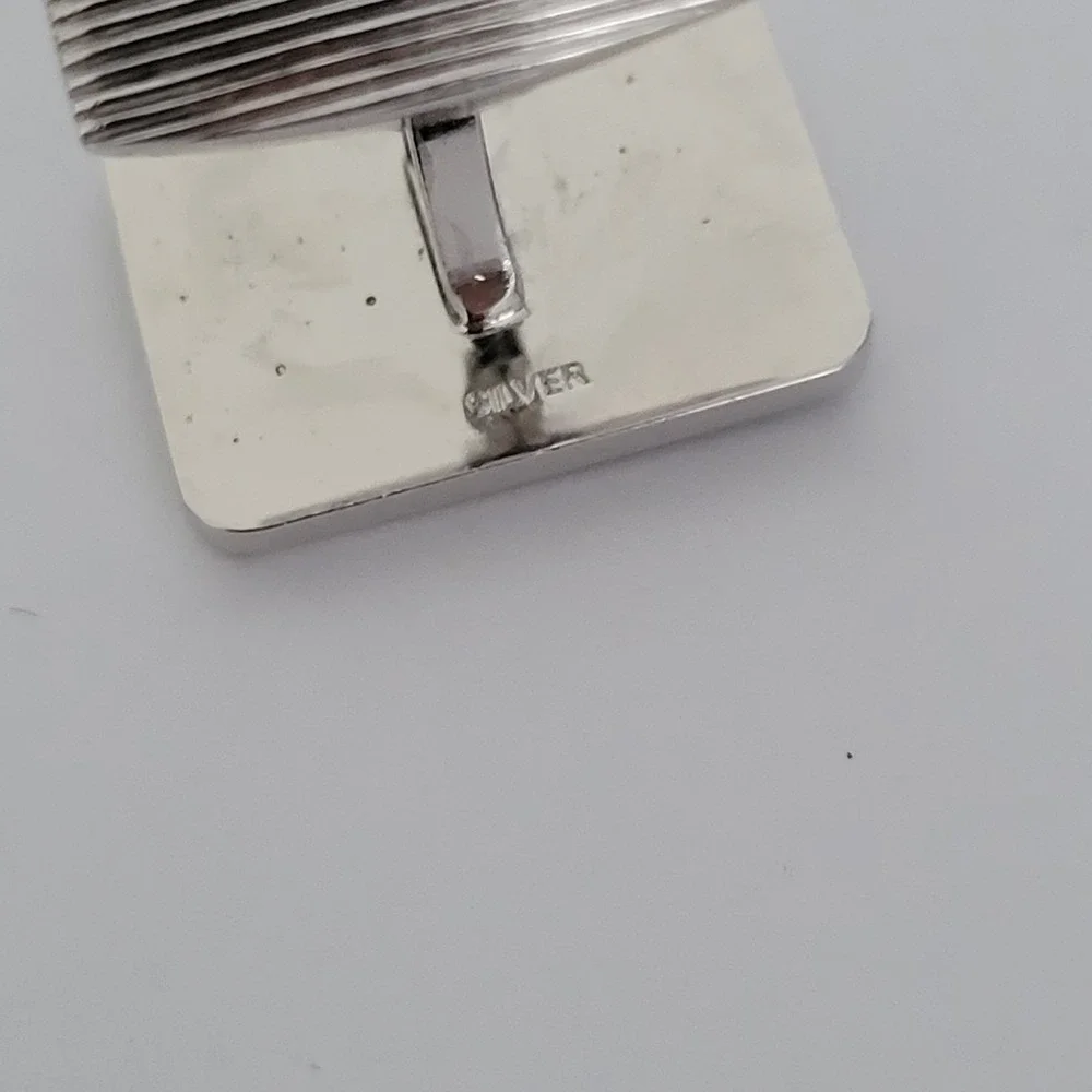 Vintage Sterling Silver Etched Rectangular Cufflinks with Clear‎ Stone Accents