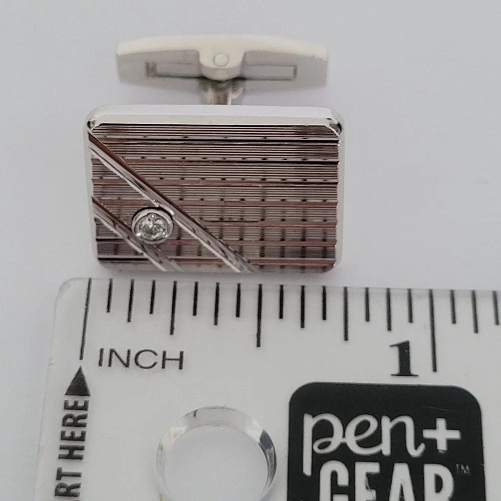 Vintage Sterling Silver Etched Rectangular Cufflinks with Clear‎ Stone Accents