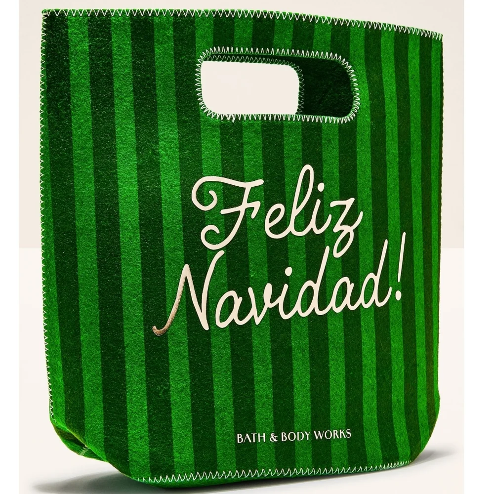Bath Body Works Feliz Navidad Christmas Festive Green Striped Small Gift Bag NEW