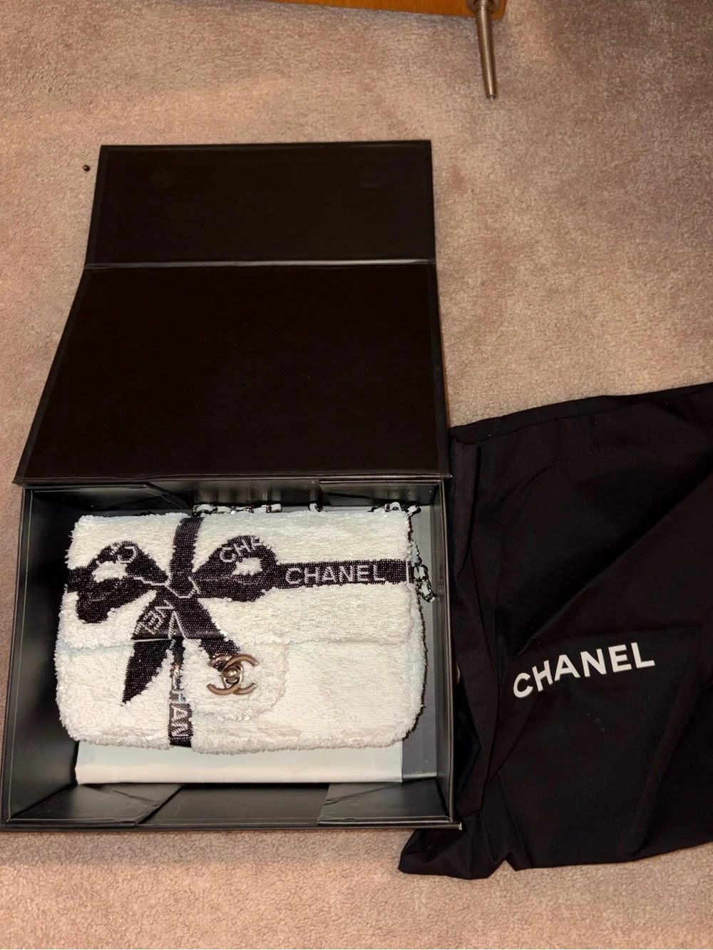 Chanel 24B Sequin Ribbon Bow Mini Rectangular Flap Bag White/Black
