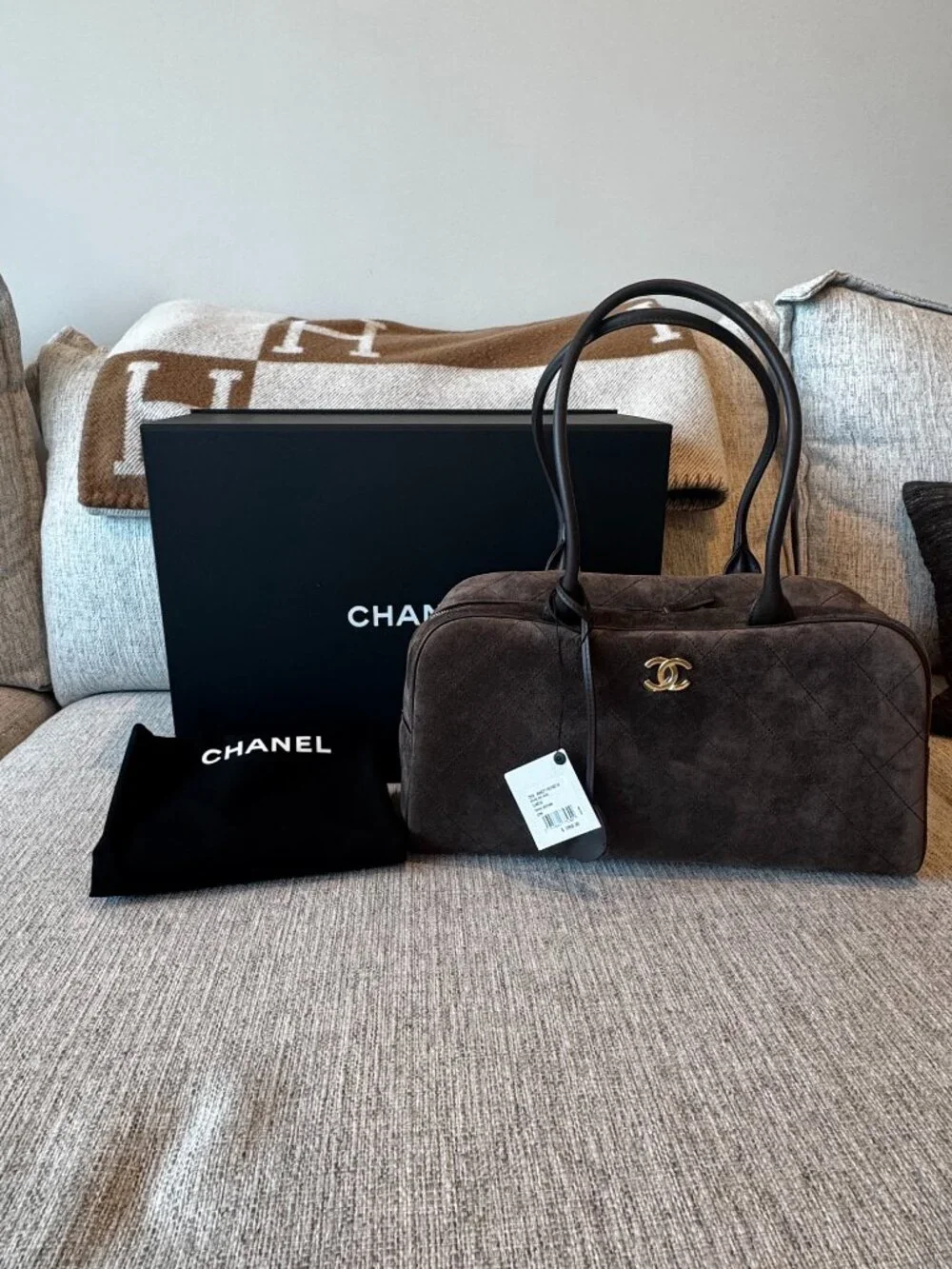 Authentic Chanel Large Perfect Bowling Bag in Brown 26B