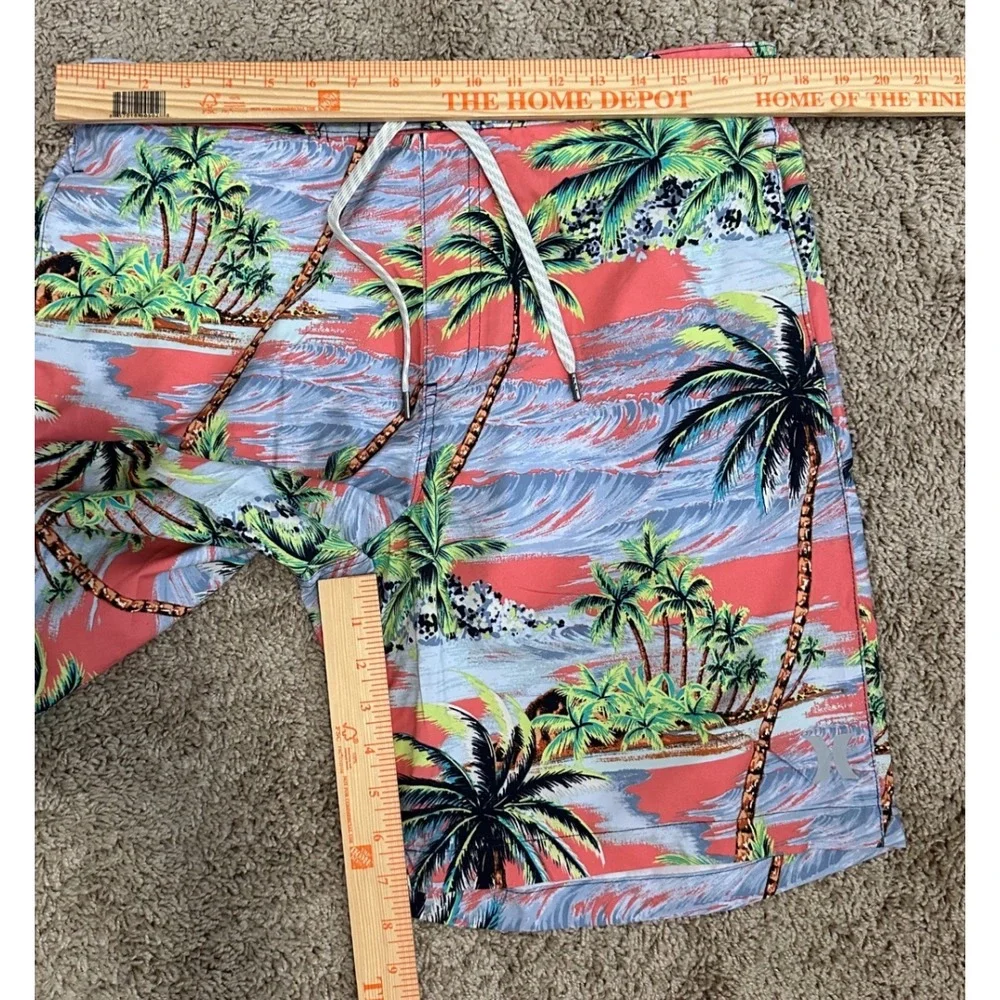 Hurley Mens 2XL Tropical Palm Tree Board Shorts Coral‎ Blue Swim Trunks EUC