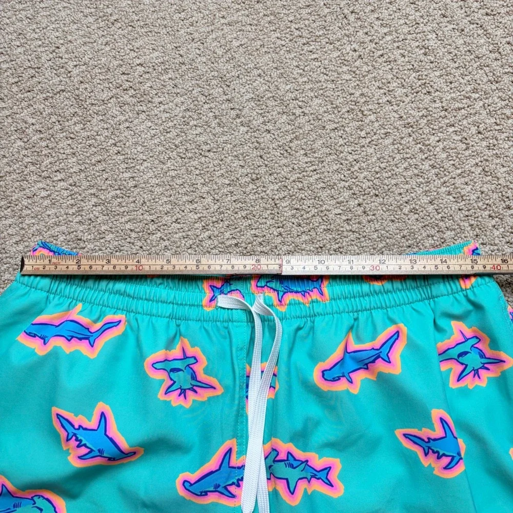 Chubbies Mens XL Swim Trunks Teal Neon Shark Print Compression Liner 5.5 Inseam