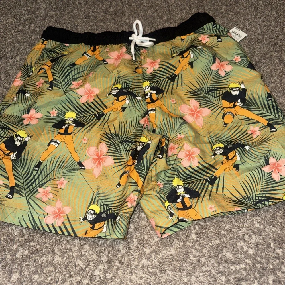 Naruto Men's Elastic Waist Swim Shorts, 3‎ Pockets, Green/Orange/Yellow Medium