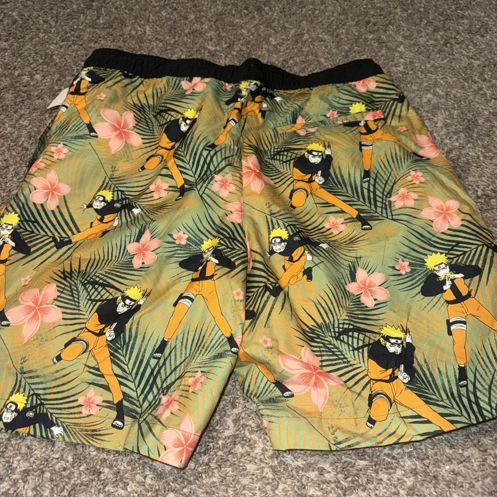 Naruto Men's Elastic Waist Swim Shorts, 3‎ Pockets, Green/Orange/Yellow Medium