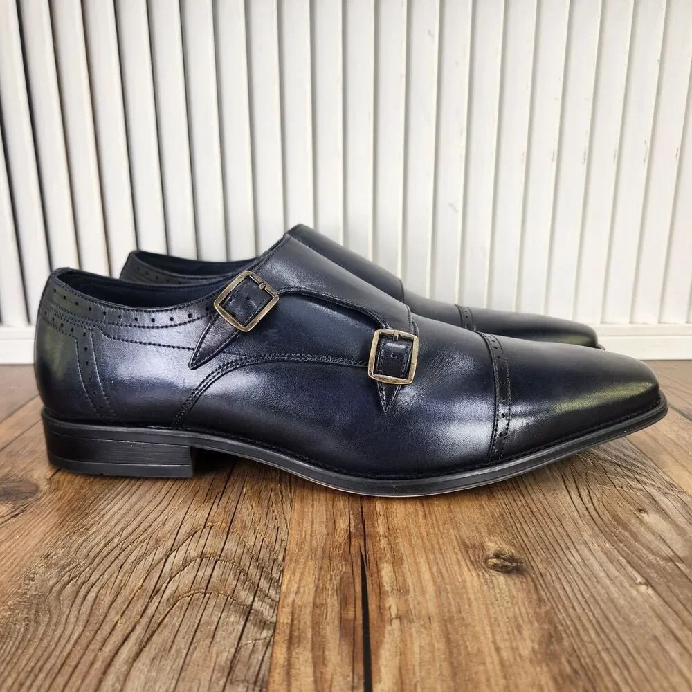 Jump New York Manolo Double Monk Strap Dress Shoes Mens Sz 10M Navy Blue Leather