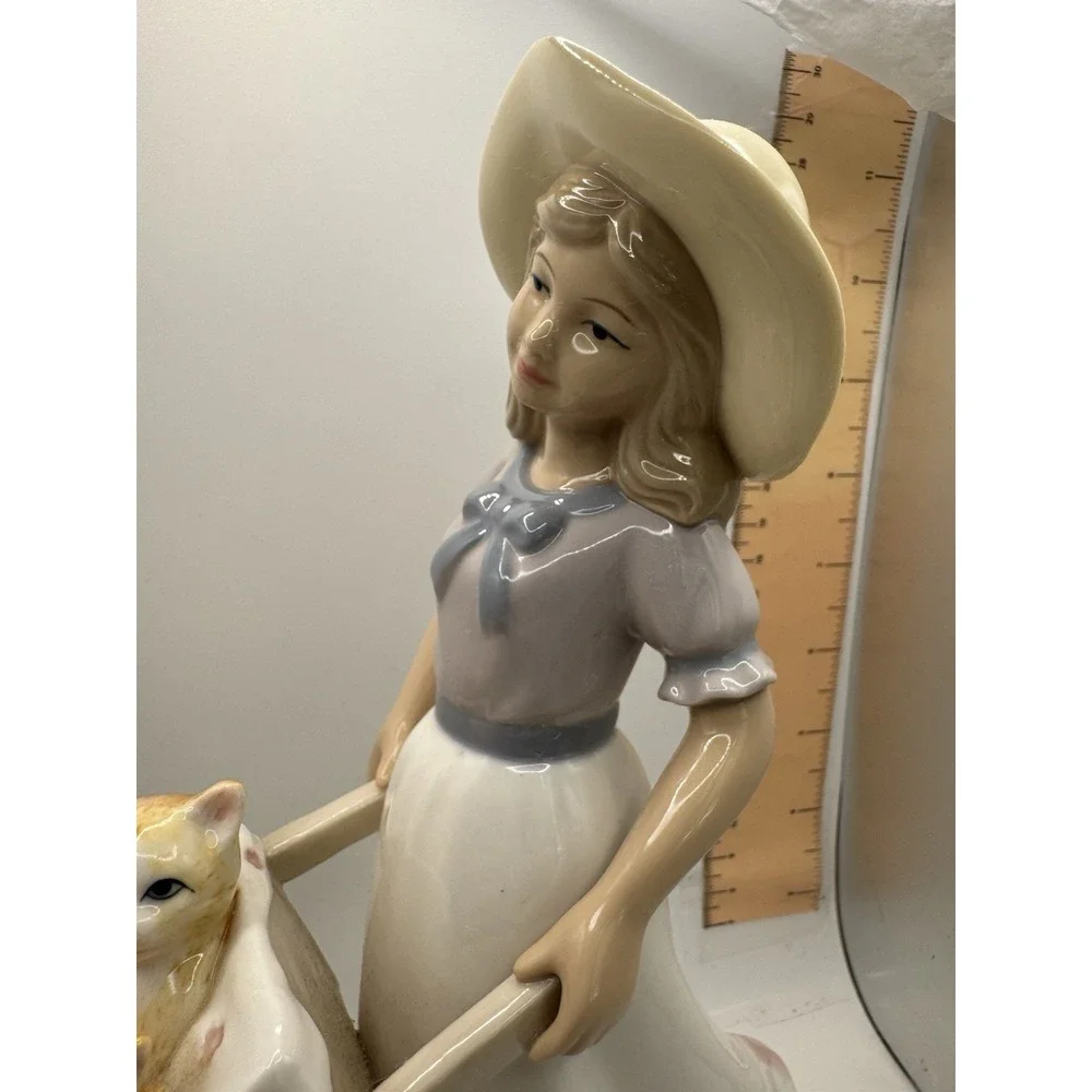 Porcelain Young Woman Girl Wheel Barrel of Kittens Cats 9