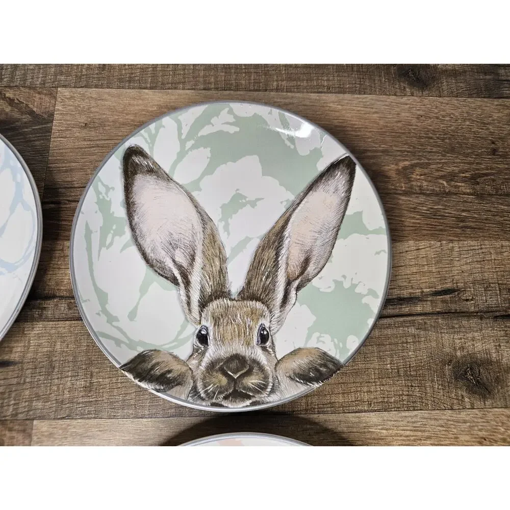 Williams Sonoma Blue Damask Easter Bunny Rabbit Salad‎ Dessert Plates Set Of 4
