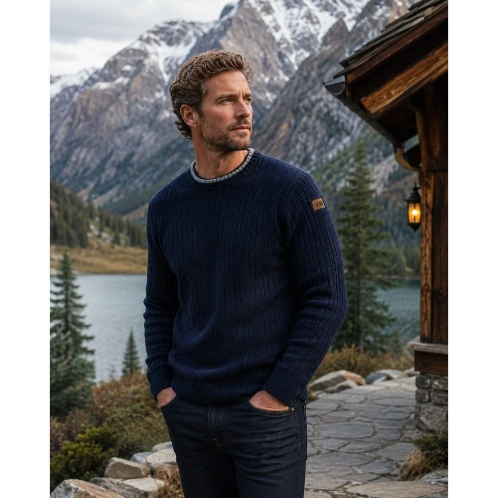 The North Face Mens XL 100% Wool Ribbed Sweater Navy Blue Crew Neck‎