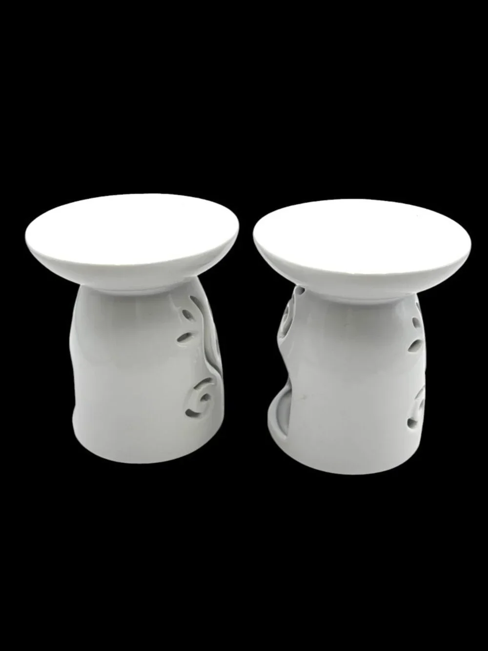 Pair of White Ceramic Wax Melt Burners / Oil Warmers Cutout Scroll Design