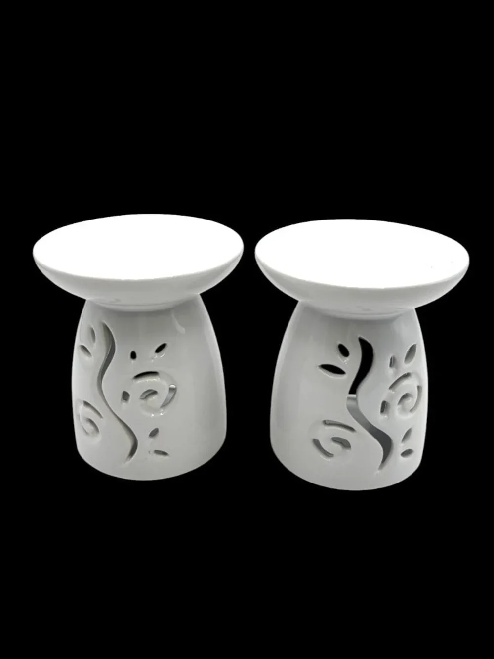 Pair of White Ceramic Wax Melt Burners / Oil Warmers Cutout Scroll Design