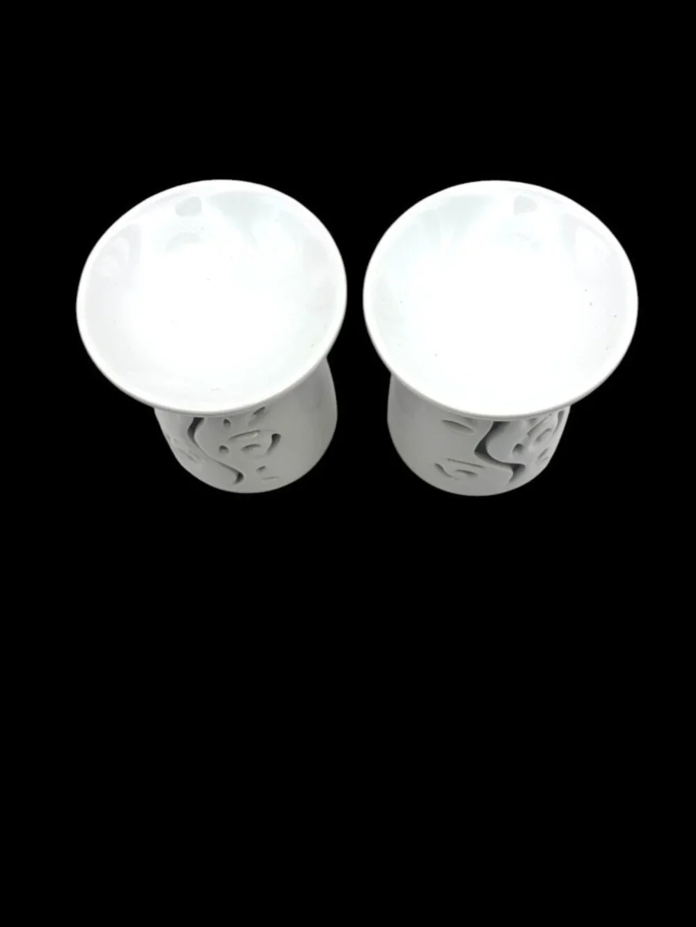 Pair of White Ceramic Wax Melt Burners / Oil Warmers Cutout Scroll Design