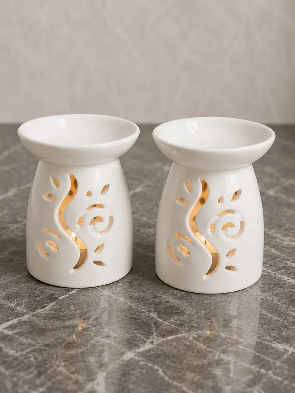 Pair of White Ceramic Wax Melt Burners / Oil Warmers Cutout Scroll Design