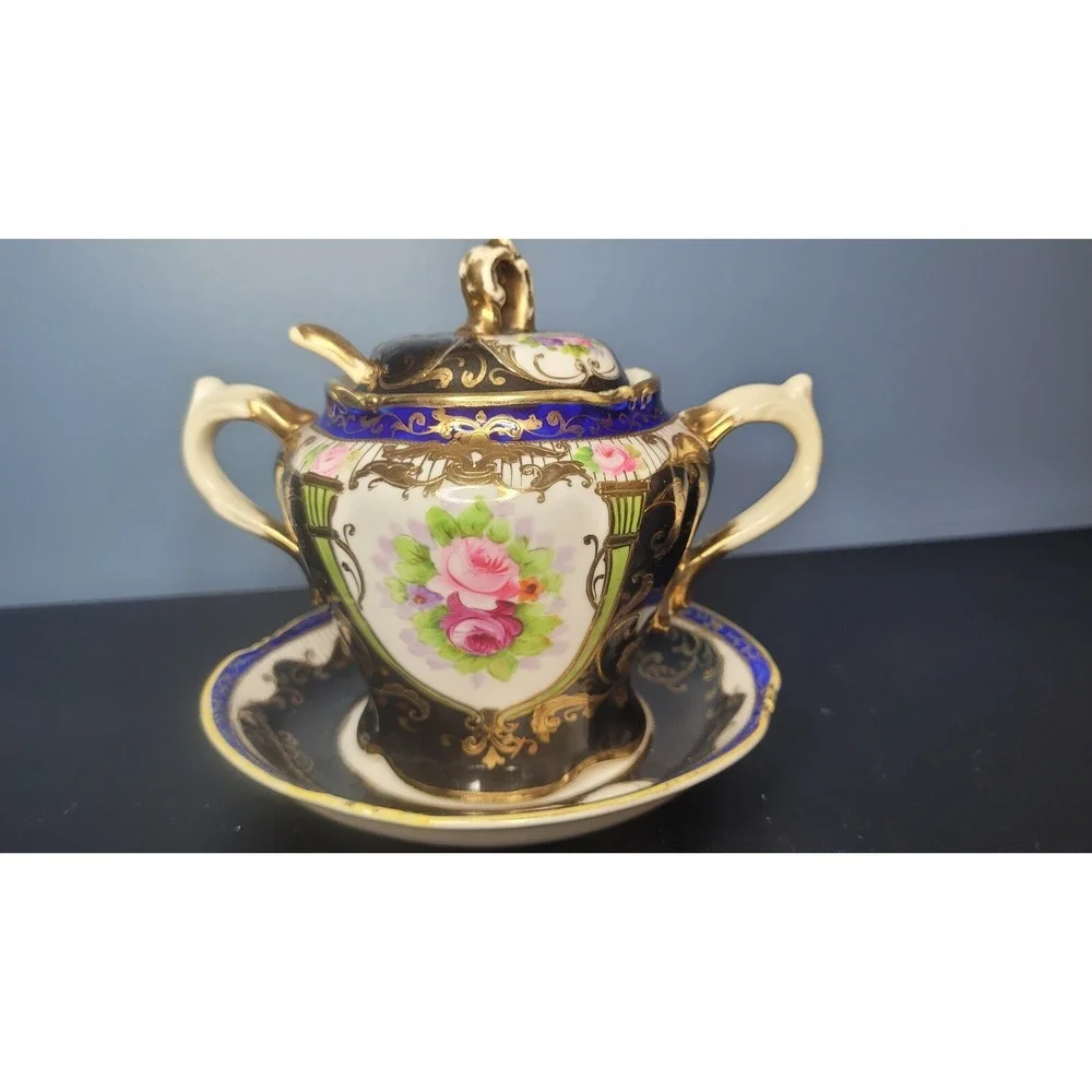 Antique Nippon Condiment Bowl Attached Underplate Hand Painted & Gilded No Spoon
