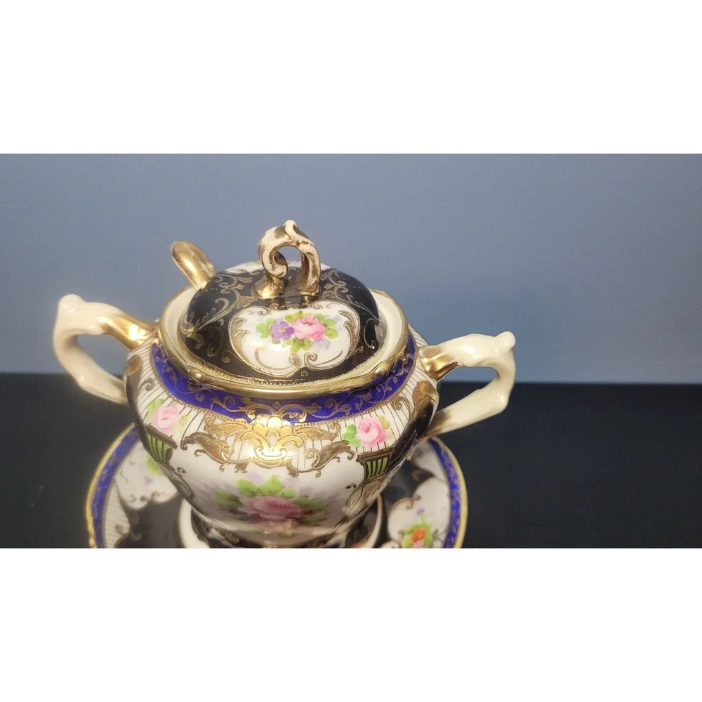 Antique Nippon Condiment Bowl Attached Underplate Hand Painted & Gilded No Spoon