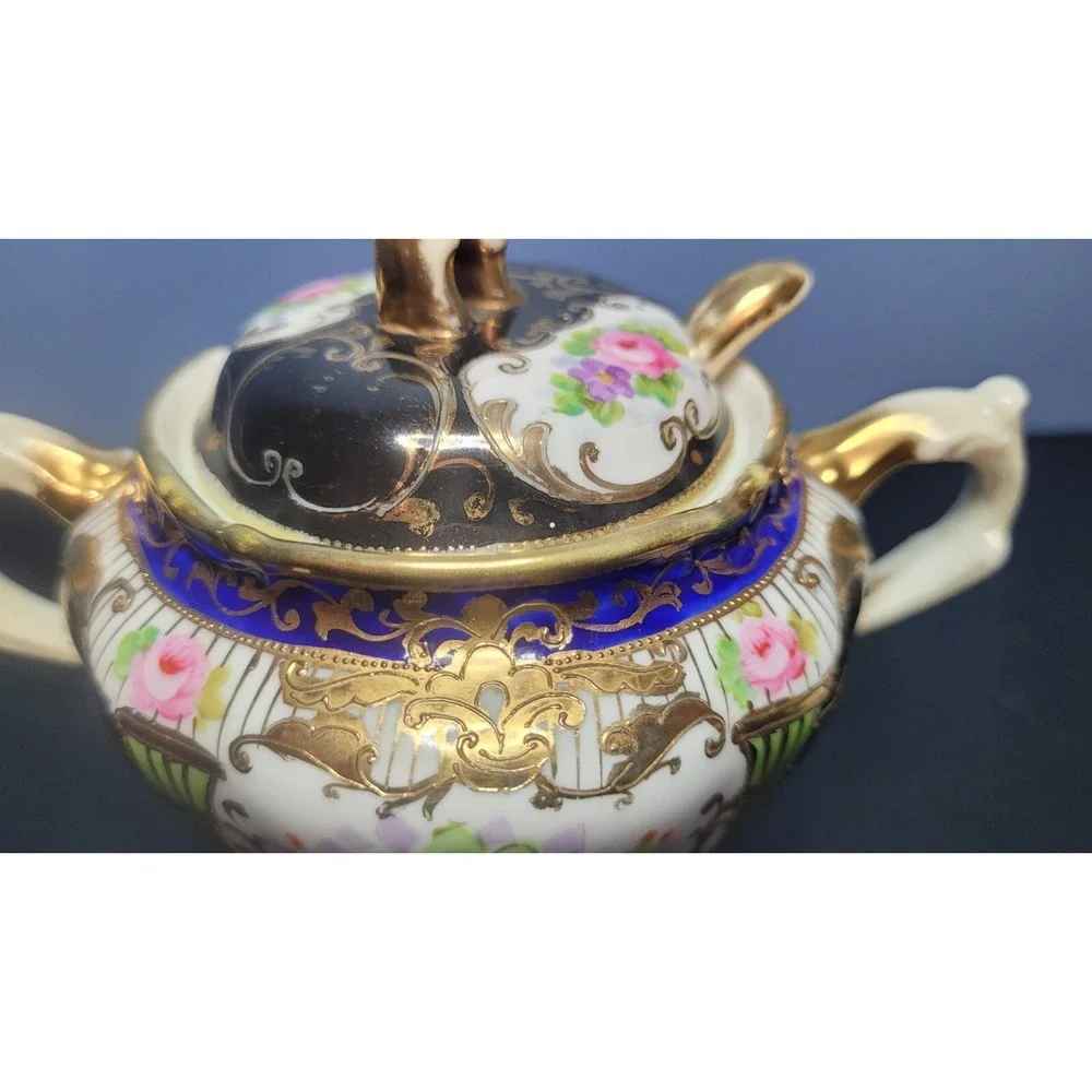 Antique Nippon Condiment Bowl Attached Underplate Hand Painted & Gilded No Spoon