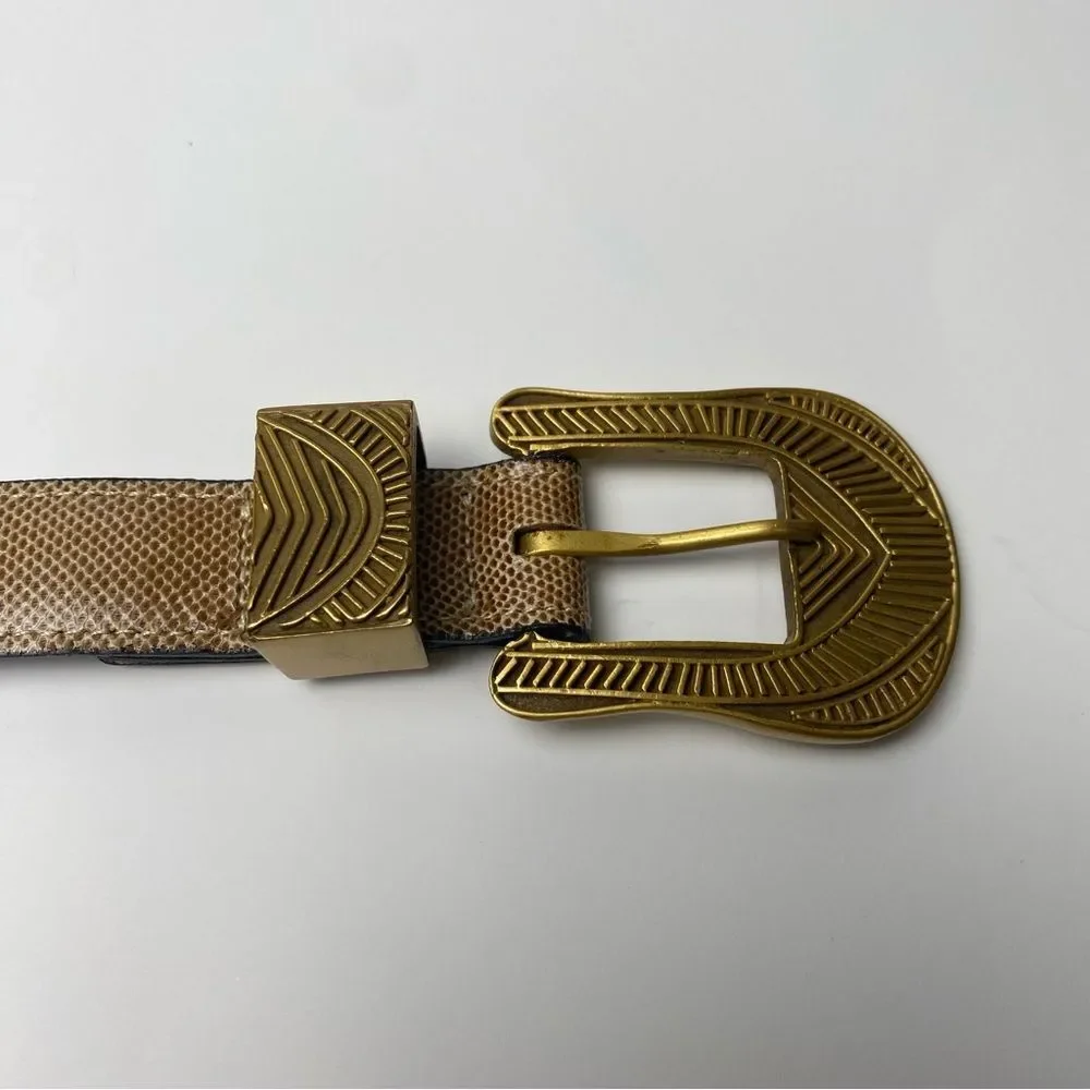 Riki Designs Genuine Leather Snakeskin Belt Gold Aztec Buckle Women's Size XL