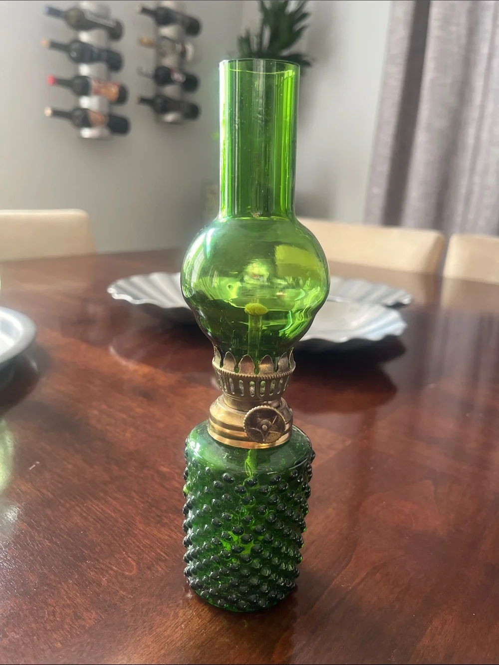 Green 1950-1960 Hobnail Glass Oil Lamp Brass Detail- Decorative Home Accent- 9”