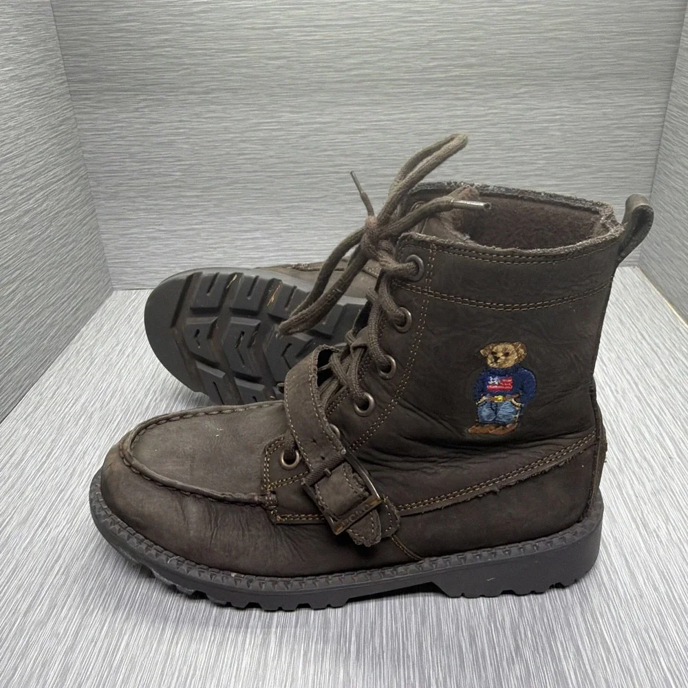 Polo Ralph Lauren‎ Boys Boots Brown Leather Polo Bear Lace Up Youth Size 3