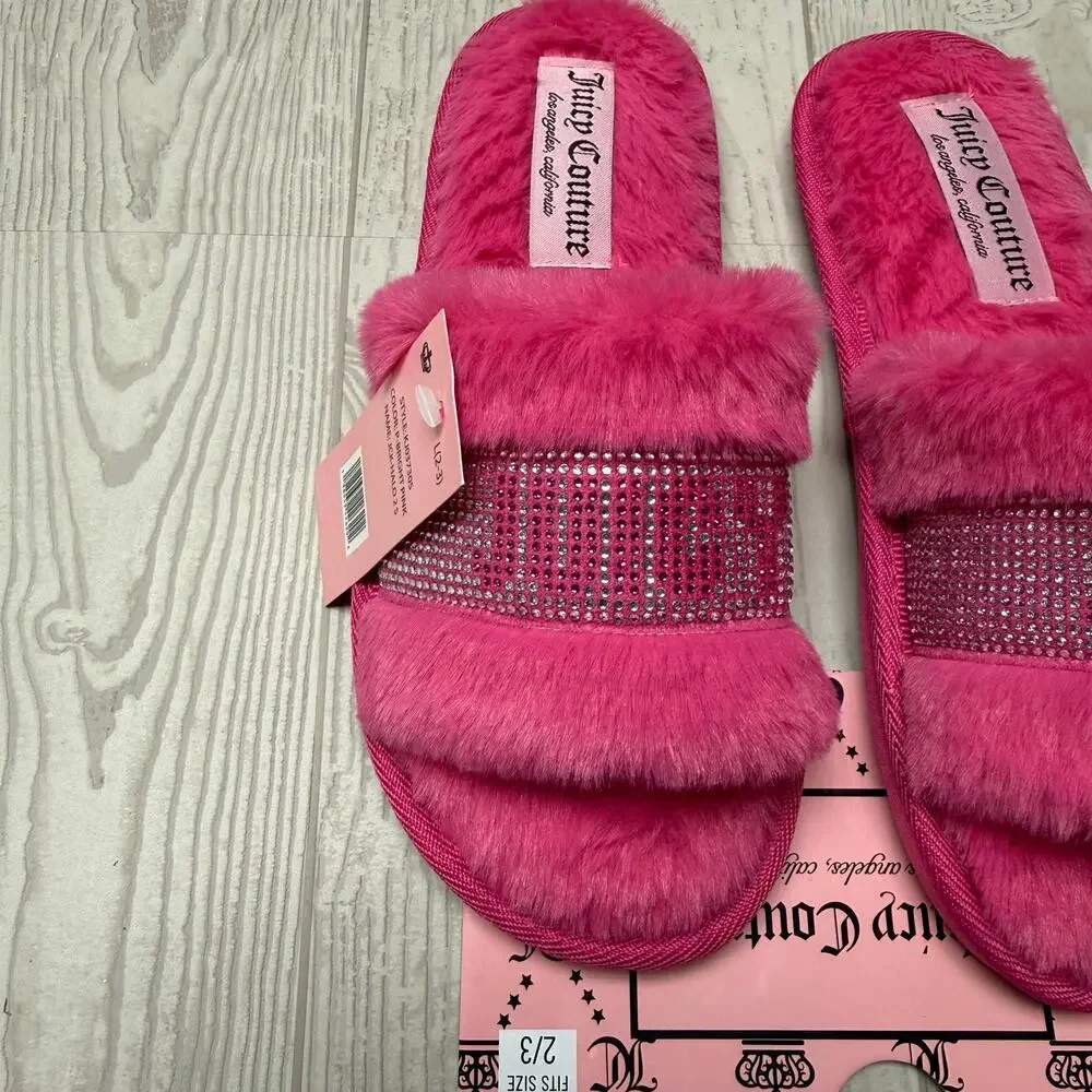 Juicy Couture Kids Halo Bright Pink Faux Fur Rhinestone Slippers Size L 2-3 NWT