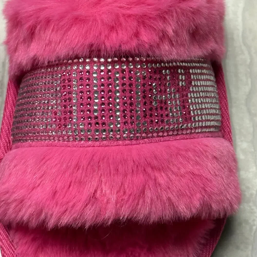 Juicy Couture Kids Halo Bright Pink Faux Fur Rhinestone Slippers Size L 2-3 NWT