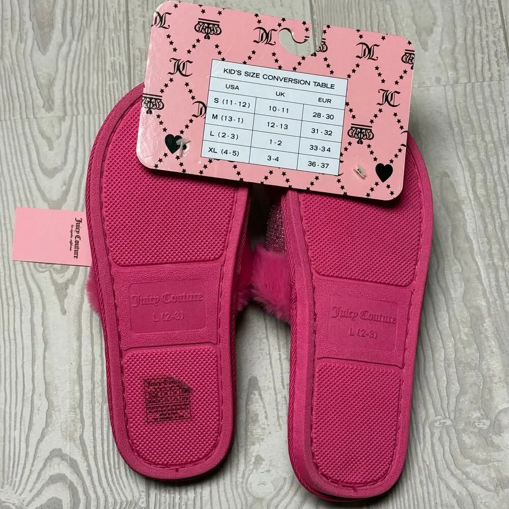 Juicy Couture Kids Halo Bright Pink Faux Fur Rhinestone Slippers Size L 2-3 NWT