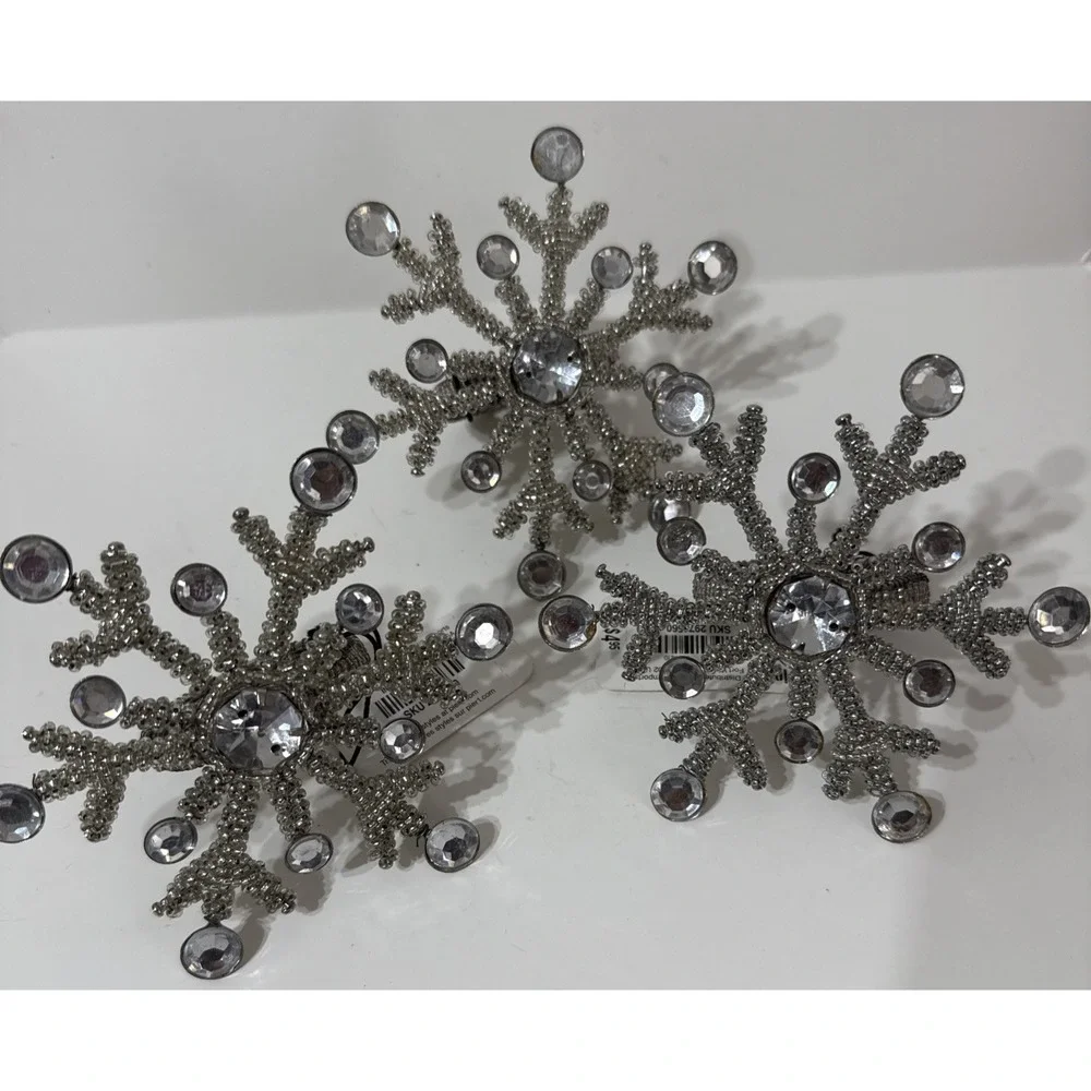 Snowflake Shape Beaded‎ Napkin Rings Christmas Holiday Decor LOT Of 3 w/New Tags
