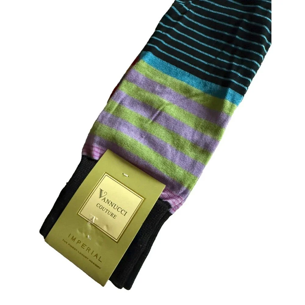Vannucci Designer Dress Socks Mens Black Multi-Color Striped Cotton Blend 10-13