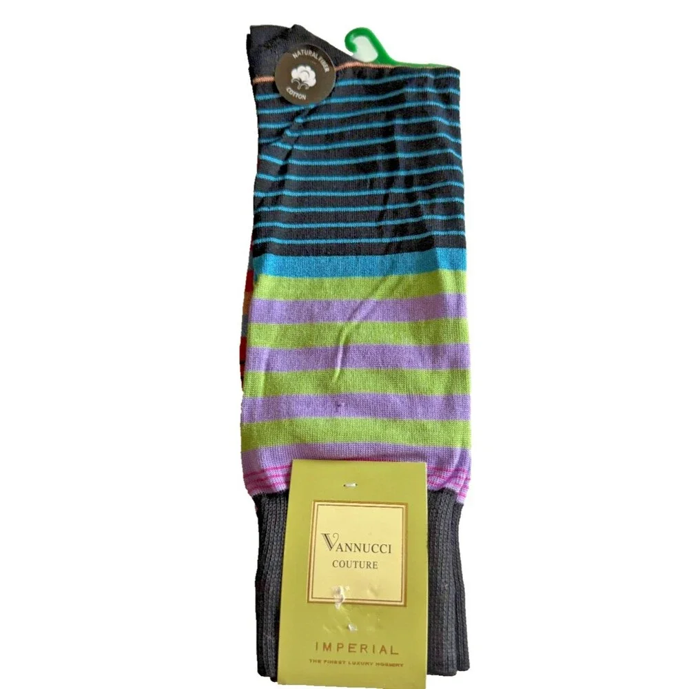 Vannucci Designer Dress Socks Mens Black Multi-Color Striped Cotton Blend 10-13